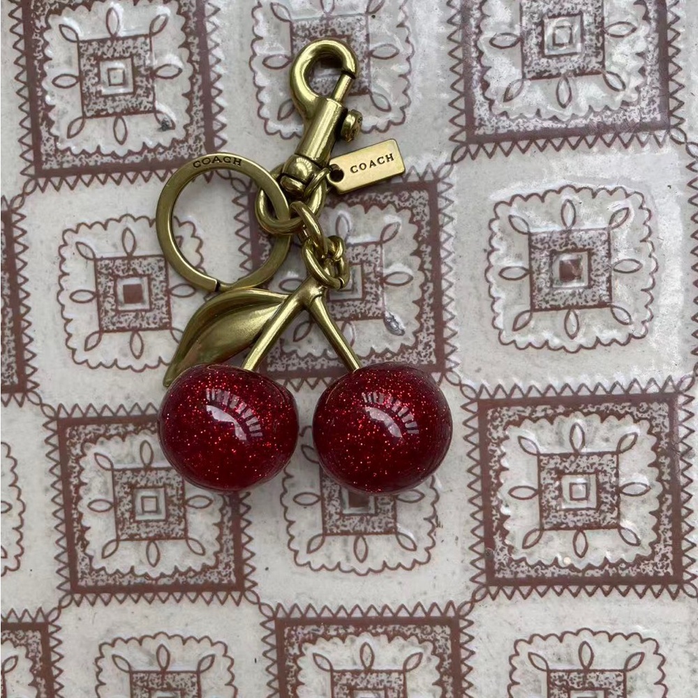 Coach Red Glitter Cherry Keychain Charm with Gold Hardware